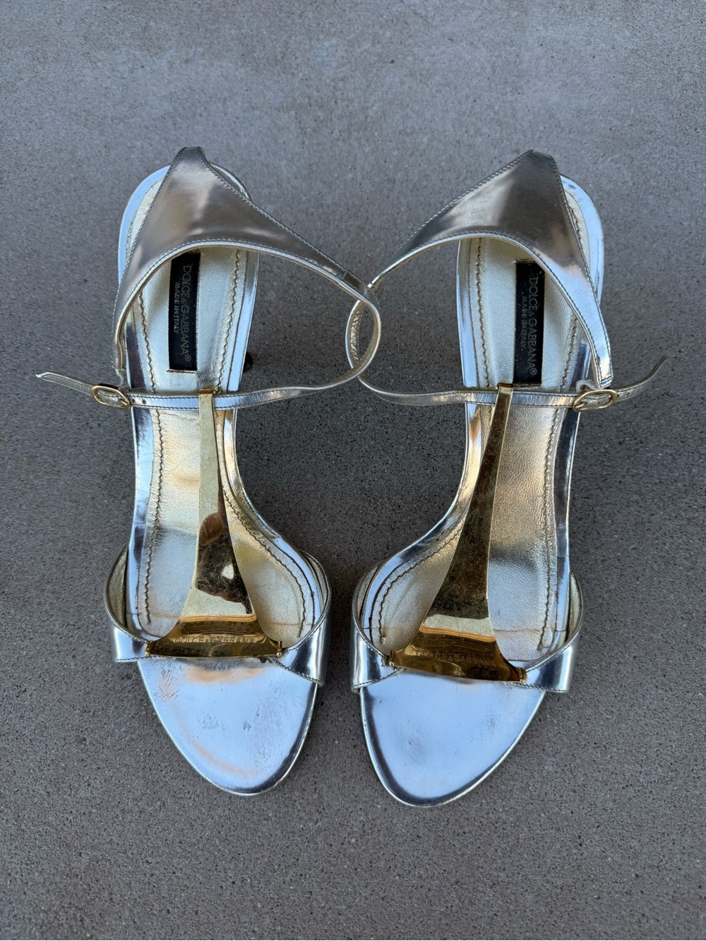 Dolce & Gabbana Metallic Gold and Silver T-Strap Heels
